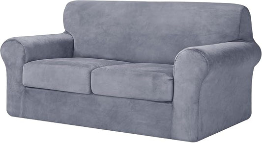 CHUN YI 3 Piece Velvet Couch Covers for 2 Cushion Couch, Water Resistant Loveseat Covers, Non Slip High Stretch Thick Furniture Protector for Dogs Pets, Medium, Grey by CHUNYI