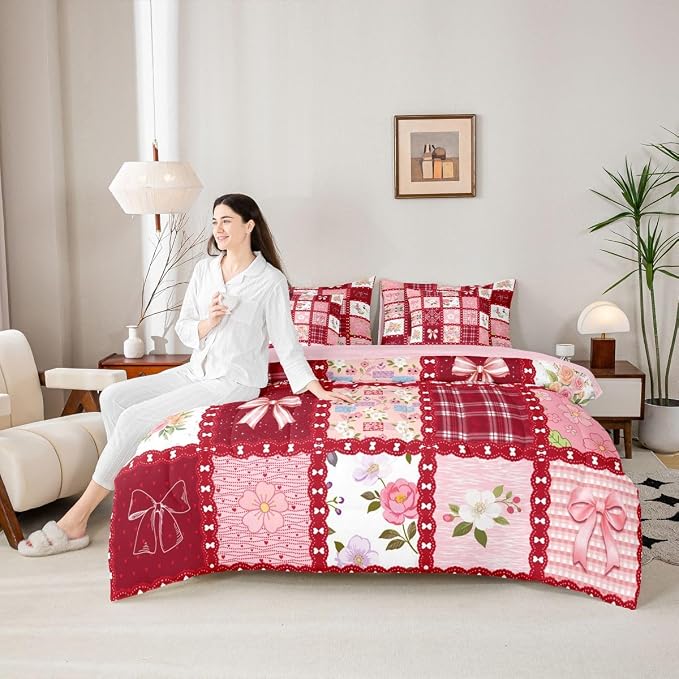 Feelyou Cute Flower 7 Piece Bedding Set Cute Bow Comforter Set with Sheets for Kids Boys Girls Red Theme Bed in a Bag Sweet Princess Theme Bed Set Soft Lightweight - Image 3