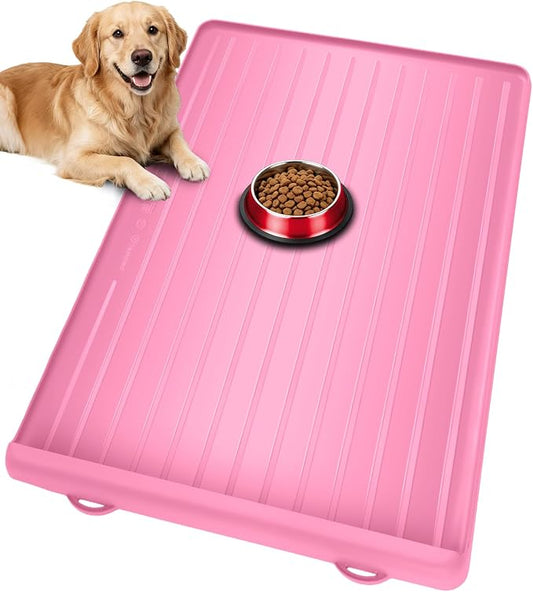 Dog Bowl Mat for Food and Water - 39.4" x 27" Thickened Large Dog Food Mat | Waterproof Pet Bowl Mat with Residue Collection Pocket and High Edges to Prevent Water and Food Spills - Pink by Yessotech