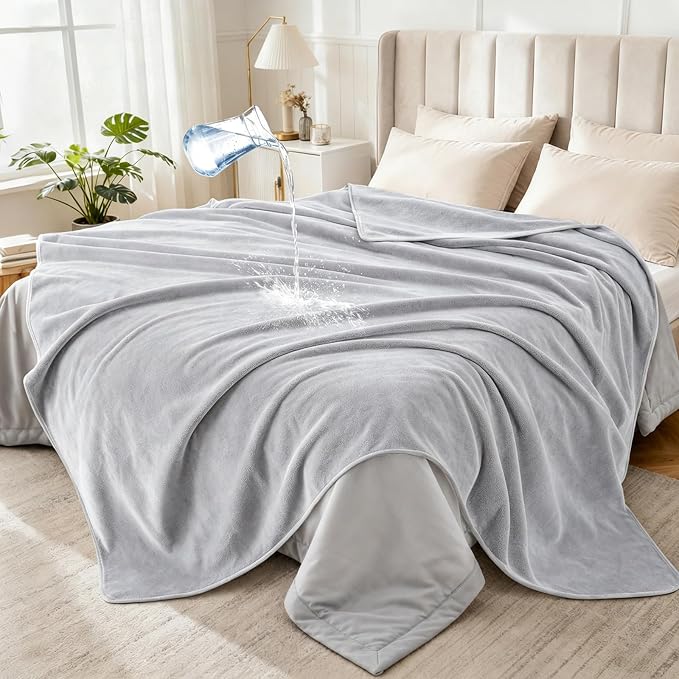LOOBANI Waterproof Blanket for Twin Size Bed, Reversible Leakproof, 60"x80" | Waterproof Dog Blanket for Pet Accidents, Soft Flannel & Coral Fleece, Stain-Resistant Furniture Protector, Light Grey by LOOBANI