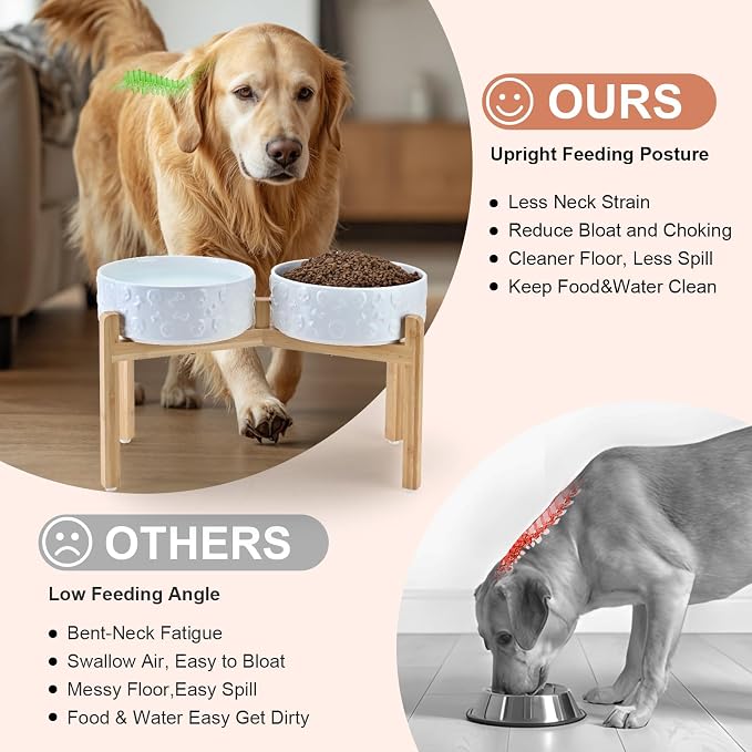 SPUNKYJUNKY Elevated Dog Bowls Ceramic, 8.3'' Dogs Food Water Bowls Raised with Non-Slip Bamboo Stand for Large Sized Breed Microwave Dishwasher Safe - 60 OZ,Skull White - Image 3