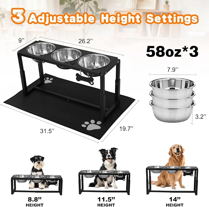 Metal Elevated Dog Bowls for Medium/Large Breed, 3 Adjustable Height(8.8''/11.5''/14'') Raised Dog Bowls Stand with Three 58oz Large Stainless Steel Dog Bowls, with The Splash pad - Image 4