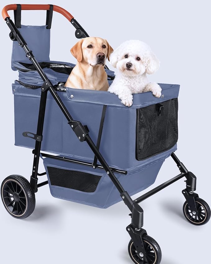 Dog Stroller for Large & Medium Dogs, Pet Stroller for 2 Small Dogs, Extra Large Heavy Duty, Foldable Design, Adjustable Handle, with Pocket, Up to 132 lbs(Navy Blue)