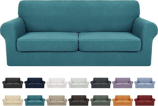YEMYHOM Latest Checkered 3 Pieces Couch Covers for Couch High Stretch Sofa Cover with 2 Extra Large Seat Cushion Covers Anti Slip Elastic Slipcovers (XL Loveseat, Peacock Blue), 71" - 91" (2 CUSHIONS) by YEMYHOM
