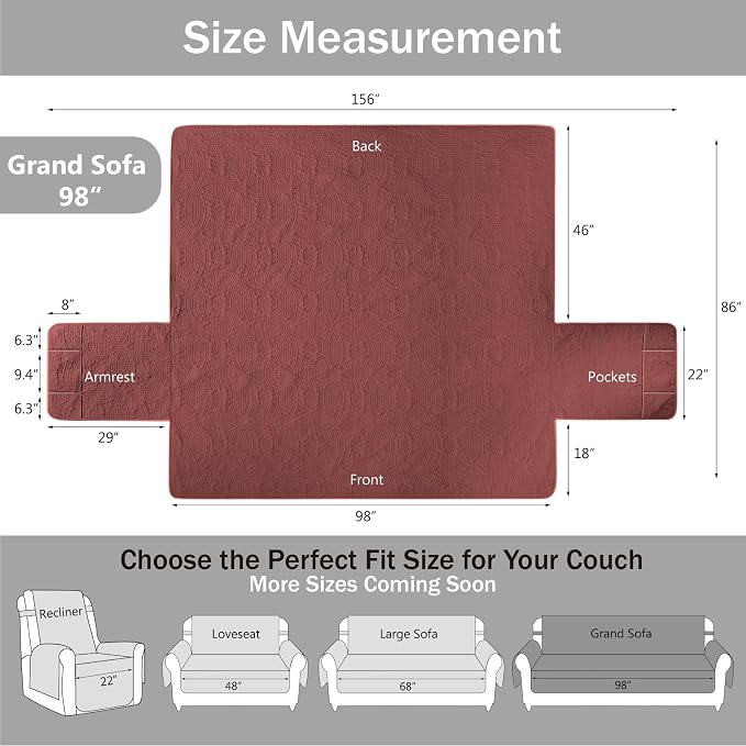 Quilted Grand Sofa Covers for 4 Cushion Couch, Couch Cover for Grand Sofa Washable, Soft Cozy Couch Protector, Oversized Grand Sofa Slipcovers Water-Repellent (Grand Sofa 98", Red) - Image 7