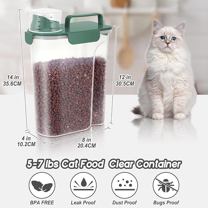 LEAWALK 5-7lbs Cat Dog Storage Container Portable with Upgraded Large Spout and Cup, Plastic Pet Food Dispenser BPA-Free for Small Animal Kibble, Bird Seed, Oatmeal, Rice, Flour-2Pack Royal Green - Image 2