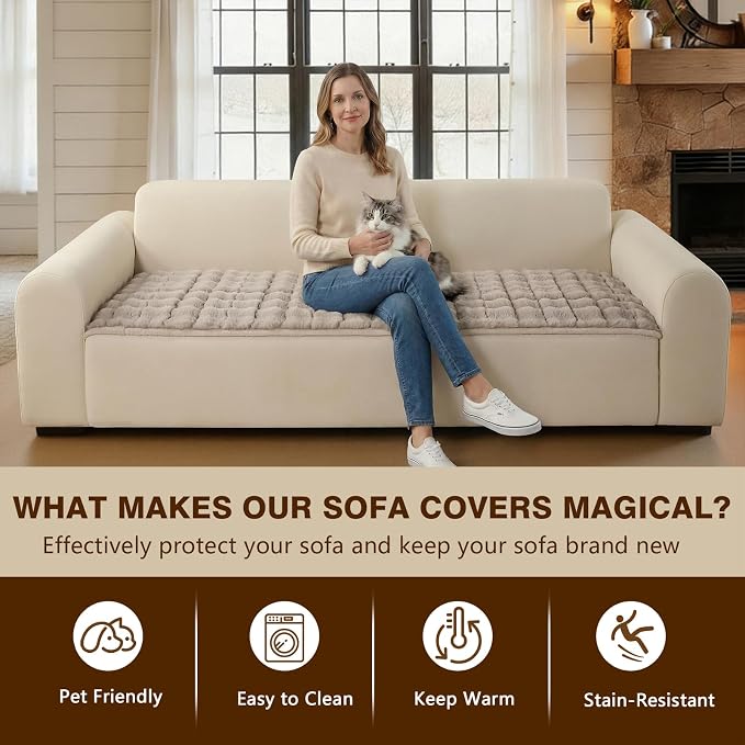 OHSIO Couch Cover for Pets Plush, Non Slip Cozy Sofa Cover Pet Friendly, Soft Thick Fuzzy Sofa Slipcovers for 3 Cushions Washable Couch Sofa Funiture Protector(Light Brown,27.6'' x 82.6'') - Image 6