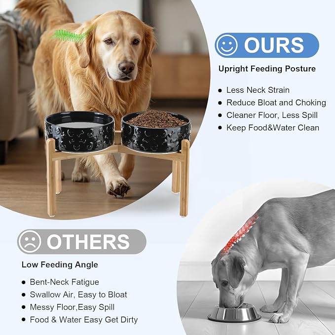 SPUNKYJUNKY Elevated Dog Bowls Ceramic, 8.3'' Dogs Food Water Bowls Raised with Non-Slip Bamboo Stand for Large Sized Breed Microwave Dishwasher Safe - 60 OZ,Skull Black - Image 3