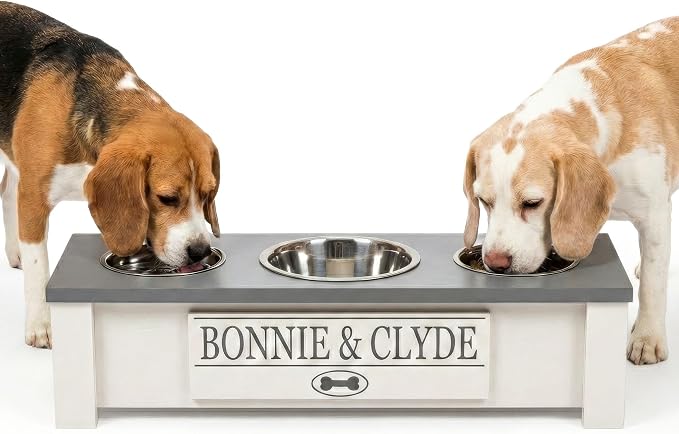 3 Bowl Dog Feeding Station, Personalized Triple Bowl Food Stand Small Dogs | Farmhouse Style, Elevated Wood Stand, Storage Container, Stainless Steel Bowls, Raised Feeder, Small Breed, Made in USA by GrooveThisWoodshop
