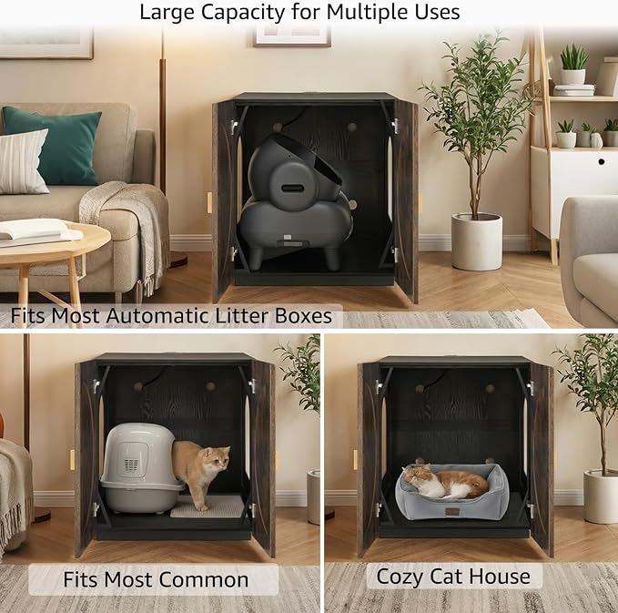 unipaws Cat Litter Box Enclosure for Self-Cleaning & Automatic Litter Boxes | Extra Large Cabinet with Charging Station, Wooden Dog Proof Hidden Cat House for Top Entry Litter Box - Image 2
