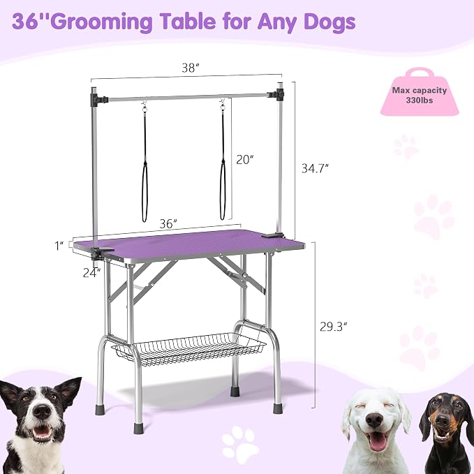 Lyromix 36'' Stainless Steel Pet Dog Grooming Table, Arm/Noose/Tray, Purple | Foldable Dog Grooming Table for Dogs at Home, Adjustable Height Arm, Non-Slip Waterproof Tabletop, Capacity 330Lb - Image 2