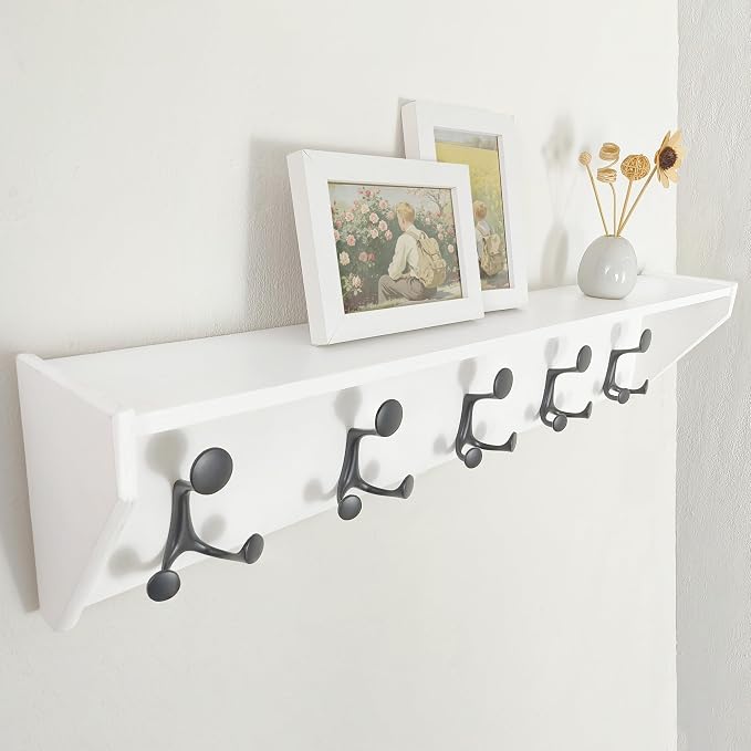 SKOLOO Wall Shelf with Hooks, 35-Inch White Coat Rack Wall Mount with Shelf Organizer - Lightweight & Sturdy​​, 5 Tri Hooks - Perfect for Entryway, Hallway, Living Room, Bedroom, Mudroom - Image 5
