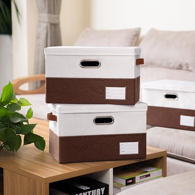 PRANDOM Foldable Storage Bins with Lids [3-Pack] Fabric Collapsible Storage Boxes Baskets Cubes Containers with Handles for Closet Living Room Bedroom (Brown & White 14.9x9.8x9.8'') - Image 2