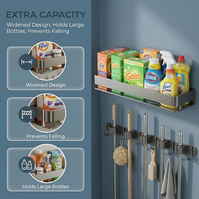 Broom Holder Wall Mount 24 Inch, Heavy-Duty Hooks & Sturdy Anti-Fall Large Capacity Shelf, Holds Brooms, Mops, Vacuums & Cleaning Supplies for Laundry Room, Garage and Closet - Image 2