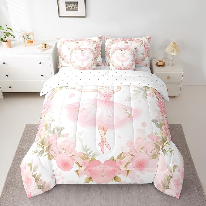 Feelyou Ballet 7 Pieces Bedding Set Queen Size Cute Ballet Comforter and Sheet Set with Dancing Girl Bed in a Bag,Pink Rose Pattern by Feelyou