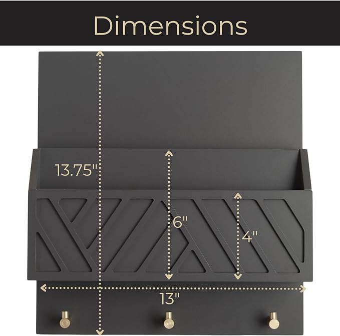 BLU MONACO | Wall-Mounted Mail and Key Holder in Grey Wood | Two-Tier Mail Organizer with Gold Hooks | Entryway Command Center for Home or Office - Image 6