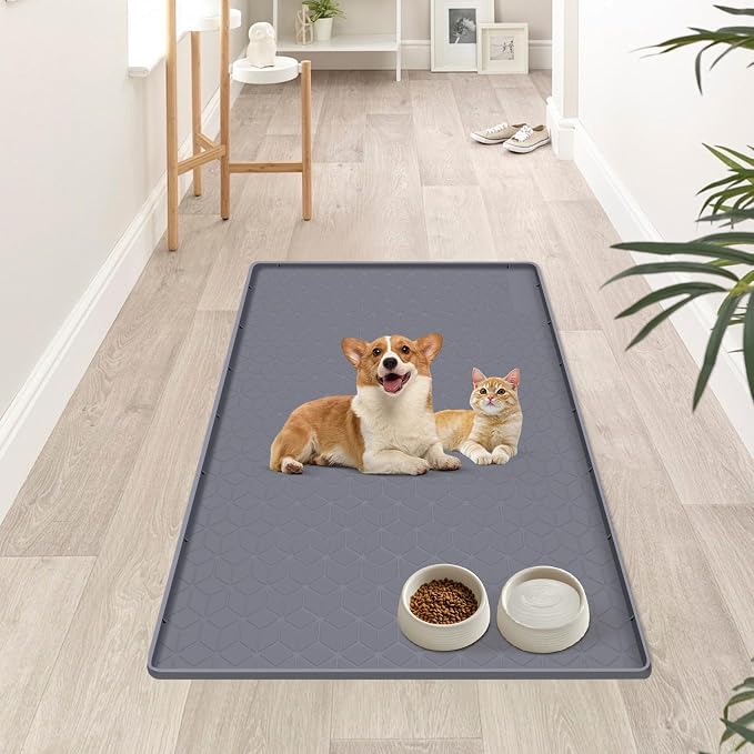 Dog Food Mat 34''x22'' Large Dog Mat for Food and Water,Dark Grey | Silicone Dog Bowl Mat with Raised Edge, Waterproof Non-Slip Pet Feeding Mat for Floors, fit for Dog Cat Bowls - Image 6