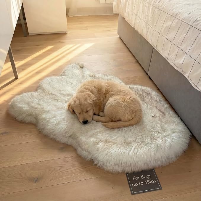 Faux Fur Orthopedic Dog Bed, Memory Foam, White w/Brown Tips 40"x25" | Plush Washable Dog Rug with Waterproof Machine Washable Cover, Calming for Anxious Senior Dogs, Relieves Joints - Image 2