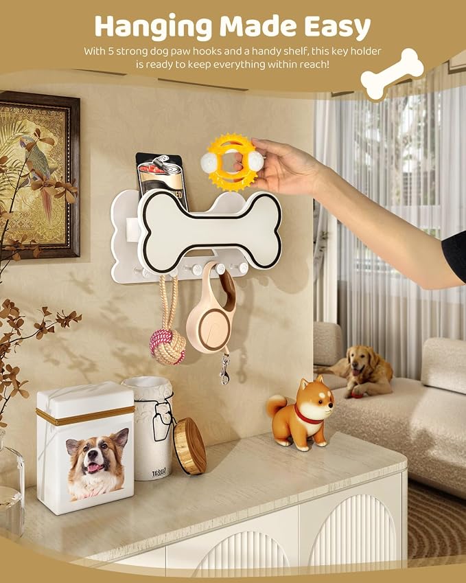 MTERSN Decorative Dog Leash Holder for Wall - Doggie Bone Shape Key Holder Wall Mount with 5 Chic 3D Puppy Paw Hooks & Dog Stuff Storage Shelf - Apartment Essentials (Black & White) - Image 3
