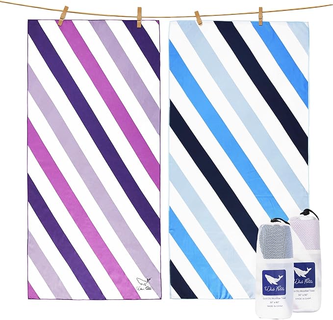 Whale Flotilla 2 Pack Large Quick Dry Beach Towel (30"x60"), Microfiber Sand-Free Beach Towel Set, Super Absorbent Compact Pool Travel Accessories, Blue and Purple by WHALEFLOTILLA