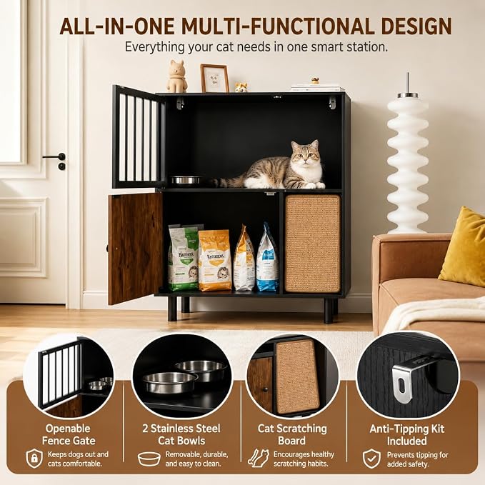 Dog Proof Cat Feeding Station with Storage Cabinet& 2 Stainless Steel Bowls, Elevated Cat Food Station with Scratching Board, Modern Wooden Cat House Furniture for Indoor Cats, Large Pet Cabinet - Image 6