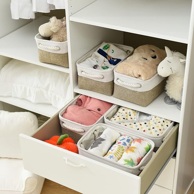 TheWarmHome Storage Basket for Shelves - 12x8x5.2 inch Small 6 Pack Collapsible Storage Bin for Closet with Handles, Fabric Storage Cubes for Cloth Organizer Gift Toy Decorative (White & Khaki) - Image 2