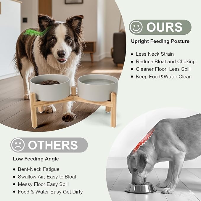 SPUNKYJUNKY Elevated Dog Bowls Ceramic, 7.3'' Dogs Food Water Bowls Raised with Non-Slip Bamboo Stand for Medium to Large Sized Breed Microwave Dishwasher Safe - 42 OZ,Grey - Image 3
