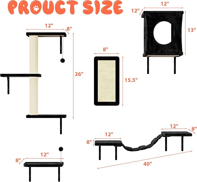 NUNU LAB Cat Wall Shelves Set, 5 Pcs Wall-Mounted Cat Climber with Cat House, Bridge, Scratching Post, Hammock, Wall Shelves, Black - Image 5