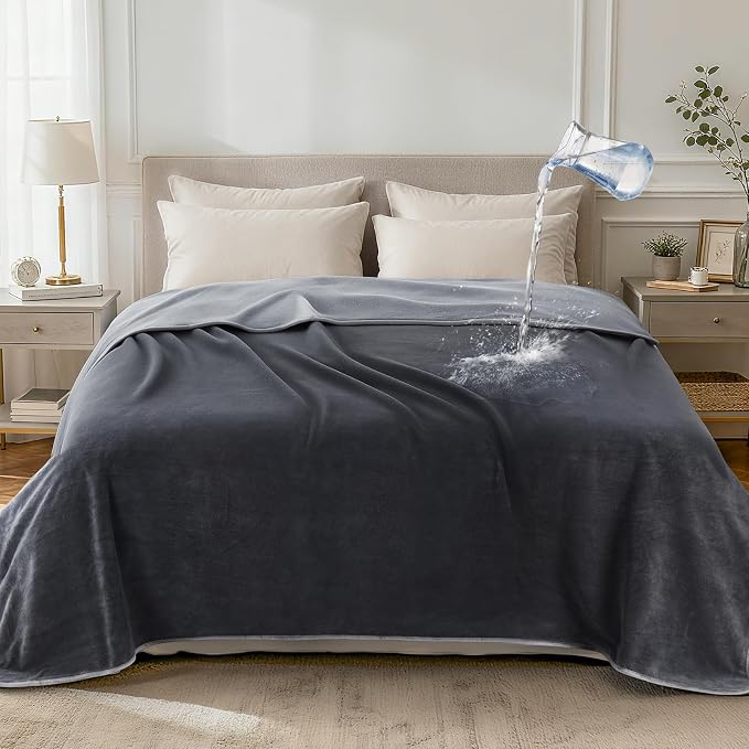 LOOBANI Waterproof Blanket for King Size Bed, Reversible Leakproof 85"x108" | Soft Flannel & Coral Fleece Bed Blanket, Water Resistant for Couch Sofa Cover, Movie Nights, Camping, Pet-Friendly, Grey by LOOBANI