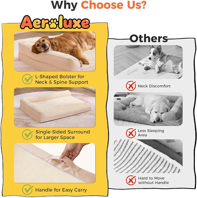Dog Bed Large Sized Dogs, XL Orthopedic Dog Bed for Large Dogs, Waterproof Pet Bed with Washable Removable Cover, L-Shaped Pet Couch with Portable Handle 42"x30"x7.5", Beige - Image 3