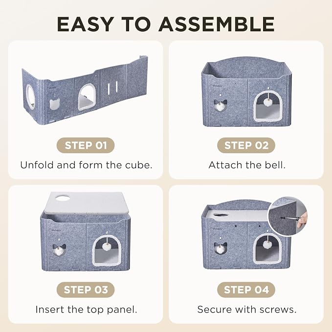 Joydeco Cat House for Indoor Cats, Extra Wide Scratch Resistant Felt Cat Condo, Hideaway Pet Cave Bed with Fluffy Ball and Tunnel for Kitten, Small Dogs, Rabbits, 22.4 x 13.7 x 14.9, Grey - Image 7