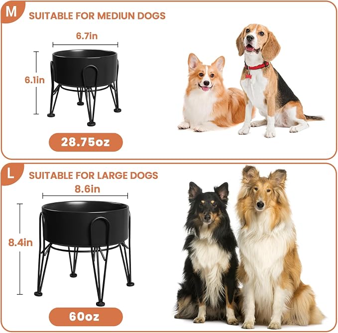 Elevated Dog Bowls, Ceramic Raised Dog Bowl Set with Anti-Slip and Non-Tip Metal Stand, 2 Pack Pet Food and Water Feeding Bowls for Small and Medium Dogs (Black,7.6 Cups) - Image 3