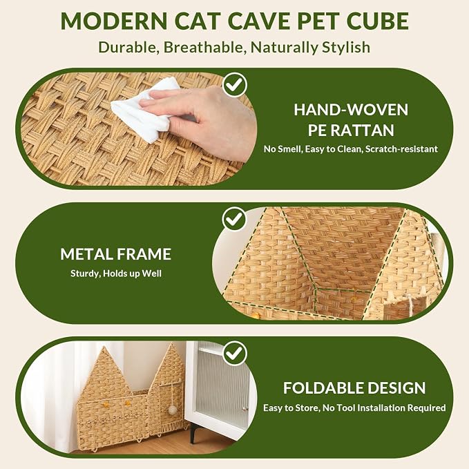 Handwoven Rattan Cat Bed for Indoor Kitten, Cat Cave Bed with Sisal Ball, Cushion & Cat Scratch Post, Foldable Hideaway Cat Hut in Bedroom Living Room, Natural - Image 5