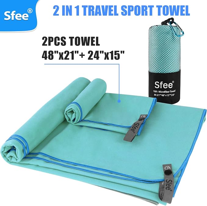 Sfee 2 Pack Microfiber Travel Towel, Quick Dry Towel Camping Towel Super Absorbent Compact Lightweight Sports Gym Towel Beach Towels Set for Gym, Hiking, Pool, Backpacking, Bath, Yoga - Image 6