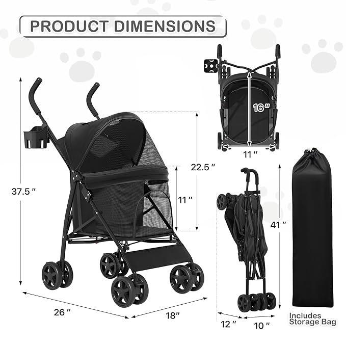 MoNiBloom 4 Wheels Pet Stroller, Easy-Fold Puppy Cage Jogger Stroller with Sun Cover, Pad and Rear Storage Bag, Breathable and Visible Mesh for Small/Medium Pets up to 22 lbs, Black