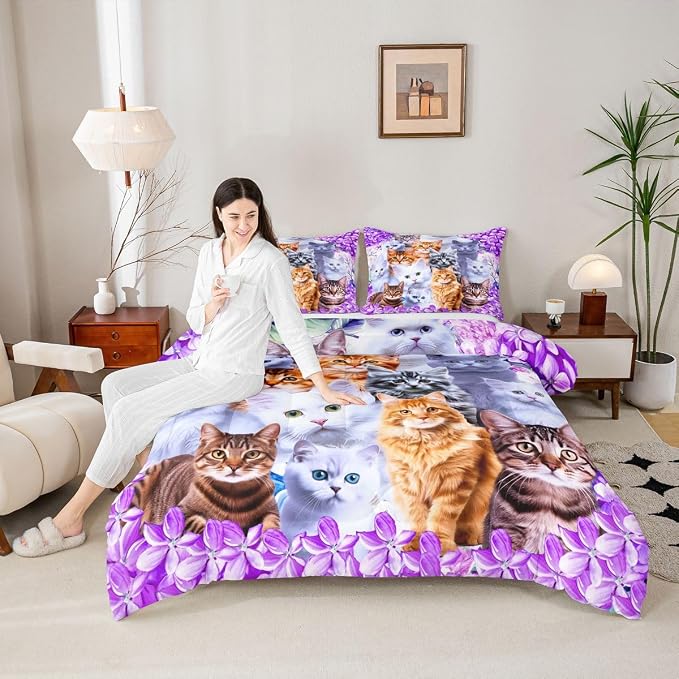 Feelyou Cartoon Cat Girls Comforter Set Pet Cats Kitten Toddler Kawaii Bedding Set for Kids Boys Cute Floral Purple Queen Duvet Quilt Decor Warmth with 2 Pillowcases 3Pcs - Image 5