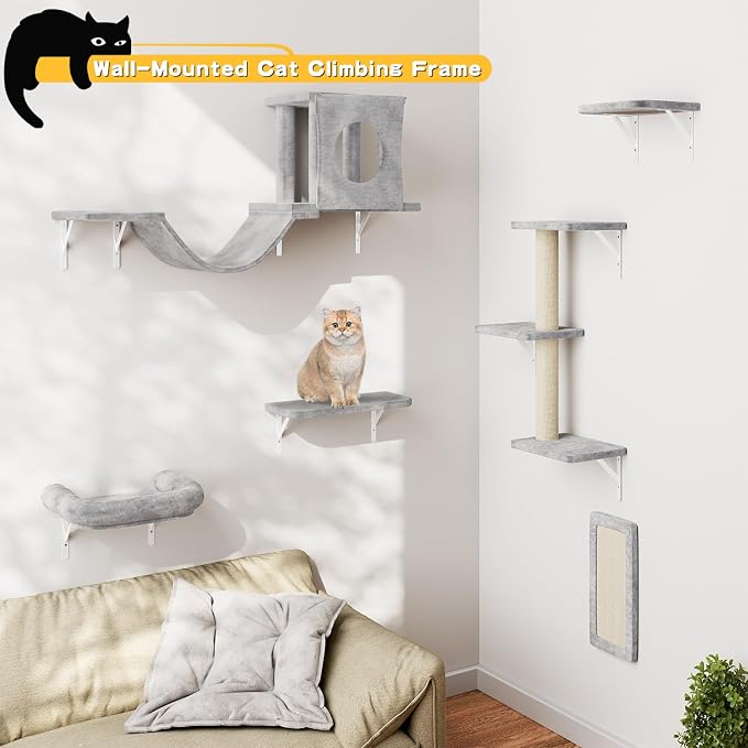 NUNU LAB Cat Wall Shelves, 6 Pcs Luxury Wall-Mounted Cat Climber Set, Indoor Cat Furniture with 1 Condos House, 2 Cat Wall Shelves, 1 Scratching, 1 Bridge Ladder, 1 Scratching Pad, Light Grey - Image 6