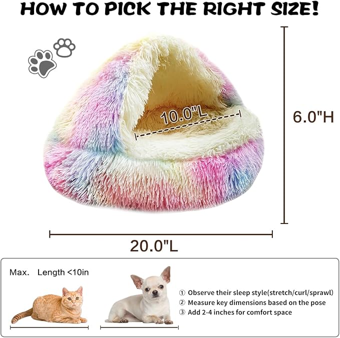 ShinHye Cat Bed Round Plush Fluffy Hooded Cat Bed Cave, Cozy for Indoor Cats or Small Dog beds, Soothing Pet Beds Doughnut Calm Anti-nxiety Dog Bed - Waterproof Bottom Washable (20×20inch, Multicolor) - Image 2