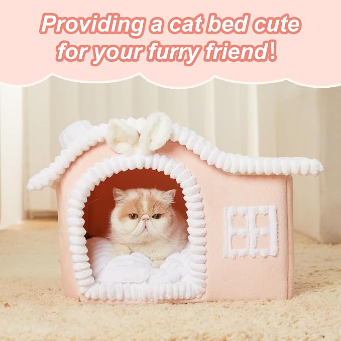 Jiupety Rabbit Cat Houses for Indoor Cats, Chimney Cute Cat Bed Cave, Enough Interior Space, Cartoon Soft Pet House Up to 3-10 lbs Kitten, Pink - Image 7