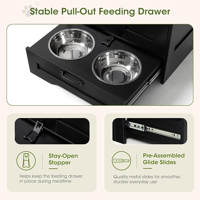 Dog Feeding Station with Storage Cabinet, Black Wood Dog Cabinet with 2 Elevated Stainless Steel Bowls, Hidden Pull-Out Feeder Drawer, Pet Feeding Station for Kitchen and Living Room - Image 5