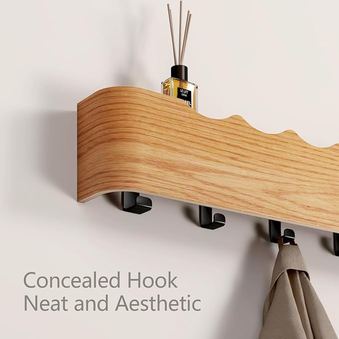 Wall Mounted Coat Rack with Shelf, Wooden Entryway Organizer with Hidden Metal Hooks for Hanging Coats Bags Keys, Modern Floating Shelf for Hallway Bathroom - Image 3