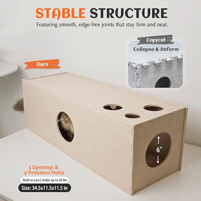 PETKARAY Cat Tunnel, Original Cat Hideaway Cave for Indoor Cats, Large Kitten Play Tubes and Tunnels, Soft Felt Cat Toy with Interactive Peek Hole, Beige Straight - Image 5