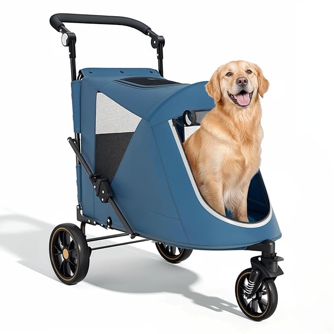 Magshion Pet Stroller for Medium Dogs w/Adjustable Handle, 3-Wheel Dog Cat Wagon w/Dual Entry, Rear Storage, Breathable Mesh, One-Foot Brake, Ideal for Large Pets up to 55 lbs, Navy Blue
