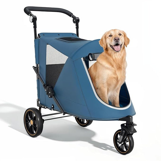 Magshion Pet Stroller for Medium Dogs w/Adjustable Handle, 3-Wheel Dog Cat Wagon w/Dual Entry, Rear Storage, Breathable Mesh, One-Foot Brake, Ideal for Large Pets up to 55 lbs, Navy Blue