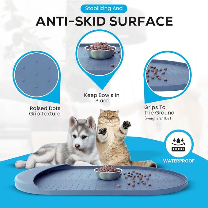 Food and Water Pet Mat, Silicone Bowl Mat - 29' x 16.6' - Residue Collection Pocket, High Edges for Dogs and Cats, Navy Blue - Image 5