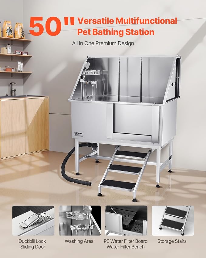 VEVOR Stainless Steel Dog Washing Station, 50 inch Pet Grooming Tub w/Stairs, PE Water Filter Board, Faucet & Showerhead & Soap Holder Dog Bathtub for Large & Medium & Small Pets (Right Door) - Image 2