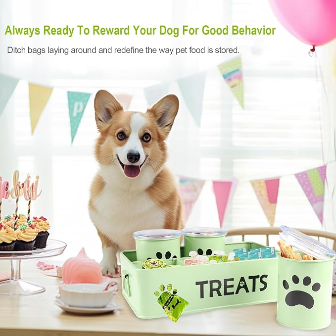 28oz Metal Dog Treat Container Set of 3,Dog Treat Jars with Airtight Lids,Cat Treat Jar,Dog Treat Canister for Countertop,Coated Galvanized Steel Dog Treats Station-Green - Image 5