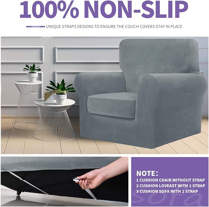ZNSAYOTX Luxury Velvet Couch Cover 4 Piece (72"-92") Stretch Sofa Covers for 3 Cushion Couch Thick Soft Sofa Slipcover with Non Slip Strap, Dog Pet Friendly Nice Furniture Protector (Light Grey) - Image 5
