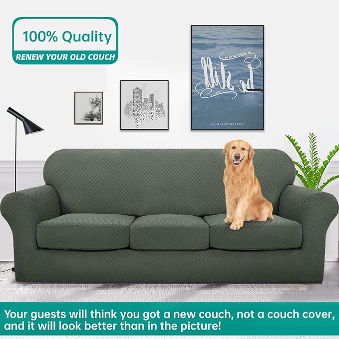 YEMYHOM Latest Checkered 4 Pieces Couch Covers for 3 Cushion Couch Extra Large High Stretch Thickened Sofa Cover for Dogs Pets Furniture Protector Sofa Slipcovers (Army Green), 91"-110"(3 Cushions) - Image 2