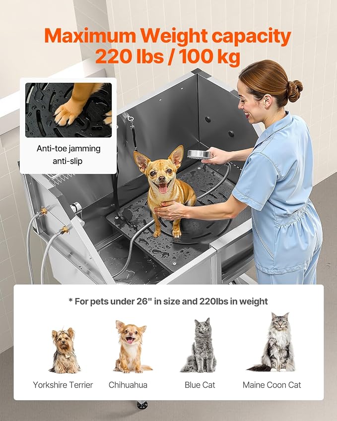 VEVOR 38 Inch Stainless Steel Dog Washing Station, Pet Grooming Tub with Hot & Cold Faucet, Showerhead, Home Wash Sink, Fits Small and Medium Cats and Dogs, Non-Slip Stairs (Right Door) - Image 4